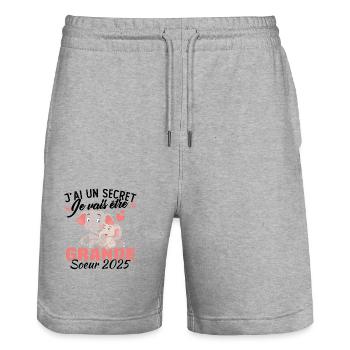 J'ai un secret Je Vais Être Grande Soeur 2025 - Short de jogging bio TRAINER Stanley/Stella unisexe - gris chiné - Devant - Nik (191cm) & Marisol (170cm)