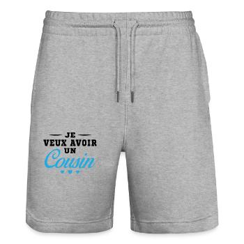 Je vais avoir un cousin Cadeau pour Grossesse - Short de jogging bio TRAINER Stanley/Stella unisexe - gris chiné - Devant - Nik (191cm) & Marisol (170cm)