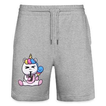 Bubble Tea Drinking Unicorn Anime Kawaii - Stanley/Stella Trainer Unisex Organic Jogging Shorts - heather grey - Front - Nik (191cm) & Marisol (170cm)