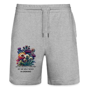 Unkraut Natur Garten Spruch Blumen Welt In Ordnung - Stanley/Stella Unisex Bio Joggingshorts Trainer  - Grau meliert - Vorne - Nik (191cm) & Marisol (170cm)