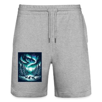 Aurores boréales mystiques et meutes de loups - Short de jogging bio TRAINER Stanley/Stella unisexe - gris chiné - Devant - Nik (191cm) & Marisol (170cm)