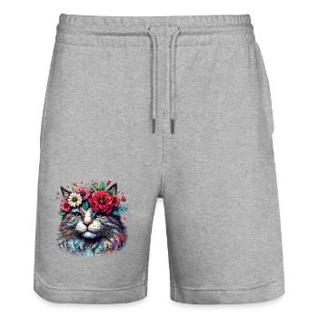 Katze mit Blumen - Stanley/Stella Unisex Bio Joggingshorts Trainer  - Grau meliert - Vorne - Nik (191cm) & Marisol (170cm)