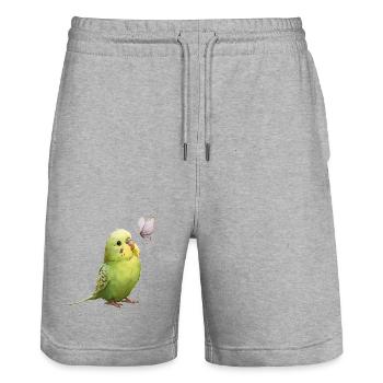 Budgie with butterfly - Stanley/Stella Trainer Unisex Organic Jogging Shorts - heather grey - Front - Nik (191cm) & Marisol (170cm)