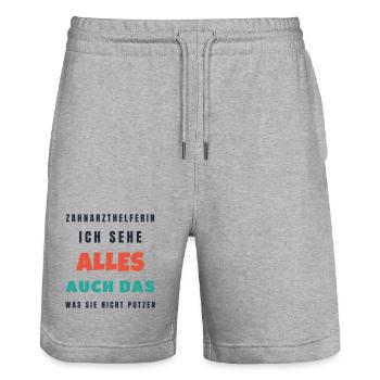 Zahnarzthelferin Ich sehe alles - Lustig Praxis - Stanley/Stella Unisex Bio Joggingshorts Trainer  - Grau meliert - Vorne - Nik (191cm) & Marisol (170cm)