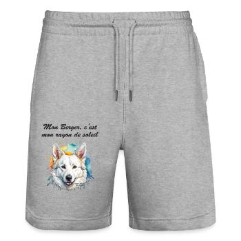Berger blanc Suisse rayon de soleil - Short de jogging bio TRAINER Stanley/Stella unisexe - gris chiné - Devant - Nik (191cm) & Marisol (170cm)