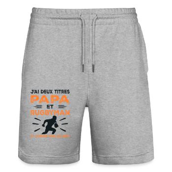 I have two titles: Dad and Rugby Man, Passionate Rugby - Stanley/Stella Trainer Unisex Organic Jogging Shorts - heather grey - Front - Nik (191cm) & Marisol (170cm)