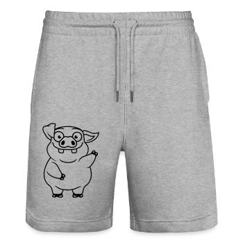 Comic waving funny pig - Stanley/Stella Trainer Unisex Organic Jogging Shorts - heather grey - Front - Nik (191cm) & Marisol (170cm)