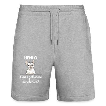 Curious white French Bulldog asking to be pet - "H - Stanley/Stella Unisex Bio Joggingshorts Trainer  - Grau meliert - Vorne - Nik (191cm) & Marisol (170cm)