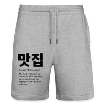 Korean Saying Food - Stanley/Stella Trainer Unisex Organic Jogging Shorts - heather grey - Front - Nik (191cm) & Marisol (170cm)