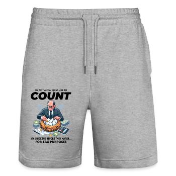CPA Chick Counter : Plaisir de nicher en période d’impôts humoristique - Short de jogging bio TRAINER Stanley/Stella unisexe - gris chiné - Devant - Nik (191cm) & Marisol (170cm)