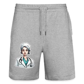 Médecin / professionnel de la santé / médecin / profession / spécialiste - Short de jogging bio TRAINER Stanley/Stella unisexe - gris chiné - Devant - Nik (191cm) & Marisol (170cm)