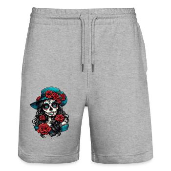 La Catrina / Dia de Muertos / Tatouage / Culture - Short de jogging bio TRAINER Stanley/Stella unisexe - gris chiné - Devant - Nik (191cm) & Marisol (170cm)