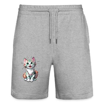Süße Katze mit großen Augen mit grünem Fell - Stanley/Stella Unisex Bio Joggingshorts Trainer  - Grau meliert - Vorne - Nik (191cm) & Marisol (170cm)