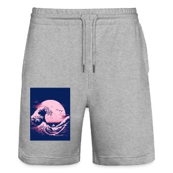 The Great Wave in Blue and Pink - Stanley/Stella Trainer Unisex Organic Jogging Shorts - heather grey - Front - Nik (191cm) & Marisol (170cm)