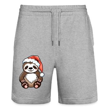 Dessin de Noël paresseux - Short de jogging bio TRAINER Stanley/Stella unisexe - gris chiné - Devant - Nik (191cm) & Marisol (170cm)