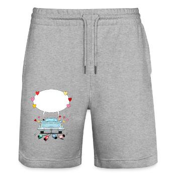 Hochzeitsauto mit Sprechblase in Turkis - Stanley/Stella Unisex Bio Joggingshorts Trainer  - Grau meliert - Vorne - Nik (191cm) & Marisol (170cm)