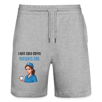 Coffee cold, patience at the end: care stress! - Stanley/Stella Trainer Unisex Organic Jogging Shorts - heather grey - Front - Nik (191cm) & Marisol (170cm)