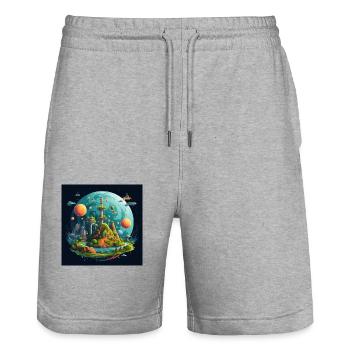 Solar System Flat Earth - Stanley/Stella Trainer Unisex Organic Jogging Shorts - heather grey - Front - Nik (191cm) & Marisol (170cm)