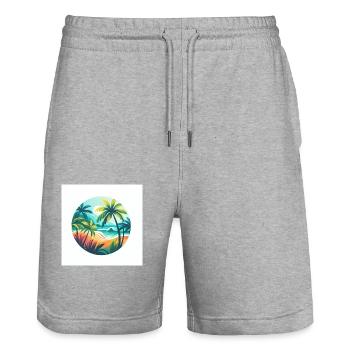 Plage du Paradis en bord de mer avec palmiers - Short de jogging bio TRAINER Stanley/Stella unisexe - gris chiné - Devant - Nik (191cm) & Marisol (170cm)