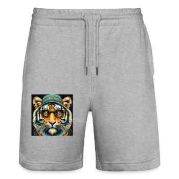 Tiger Kopf mit Brille Nerd - Stanley/Stella Unisex Bio Joggingshorts Trainer  - Grau meliert - Vorne - Nik (191cm) & Marisol (170cm)