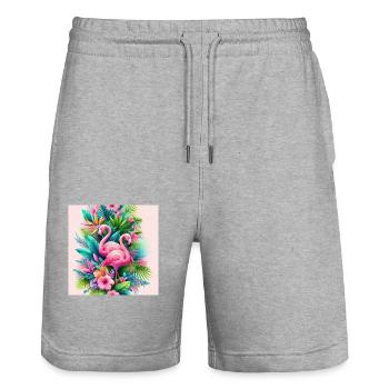 Tropische Flamingo-Oase - Stanley/Stella Unisex Bio Joggingshorts Trainer  - Grau meliert - Vorne - Nik (191cm) & Marisol (170cm)