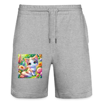 Eine süße Anime Katze in einem Blumengarten - Stanley/Stella Unisex Bio Joggingshorts Trainer  - Grau meliert - Vorne - Nik (191cm) & Marisol (170cm)