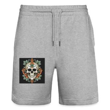 Skull with roses - Stanley/Stella Trainer Unisex Organic Jogging Shorts - heather grey - Front - Nik (191cm) & Marisol (170cm)
