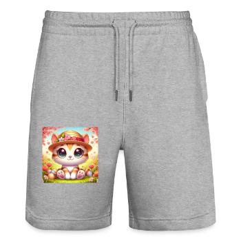 Chaton mignon au printemps avec chapeau de fleur - Short de jogging bio TRAINER Stanley/Stella unisexe - gris chiné - Devant - Nik (191cm) & Marisol (170cm)