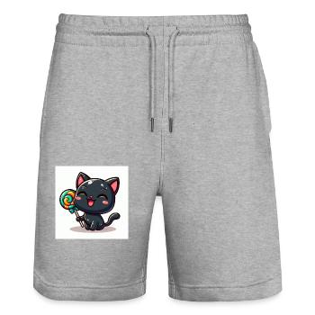 Sweet Kitty Schwarz mit lachend mit Lollipop - Stanley/Stella Unisex Bio Joggingshorts Trainer  - Grau meliert - Vorne - Nik (191cm) & Marisol (170cm)