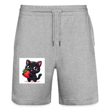 Sweet Kitty Black with Strawberry and Big Eyes - Stanley/Stella Trainer Unisex Organic Jogging Shorts - heather grey - Front - Nik (191cm) & Marisol (170cm)