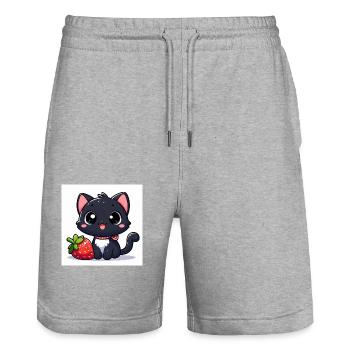 Sweet Kitty Black with Strawberry and Collar - Stanley/Stella Trainer Unisex Organic Jogging Shorts - heather grey - Front - Nik (191cm) & Marisol (170cm)