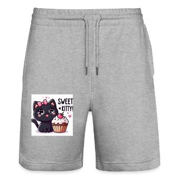 Sweet Kitty Noir avec boucle rose et cupcake - Short de jogging bio TRAINER Stanley/Stella unisexe - gris chiné - Devant - Nik (191cm) & Marisol (170cm)