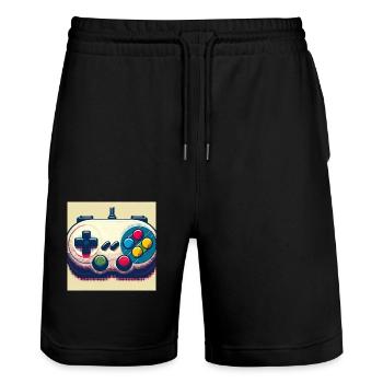 Retro Gamepad in Risograph - Stanley/Stella Trainer Unisex Organic Jogging Shorts - black - Front - Nik (191cm) & Marisol (170cm)