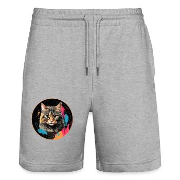 Portrait de chat mignon en technique d'aquarelle dans un cercle - Short de jogging bio TRAINER Stanley/Stella unisexe - gris chiné - Devant - Nik (191cm) & Marisol (170cm)