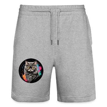 Portrait mignon de chat persan avec des éclaboussures de couleur - Short de jogging bio TRAINER Stanley/Stella unisexe - gris chiné - Devant - Nik (191cm) & Marisol (170cm)