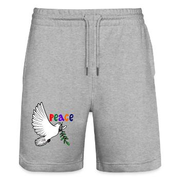 Friedenstaube weiß mit Lorbeerzweig Text Englisch FRIEDEN - Stanley/Stella Unisex Bio Joggingshorts Trainer  - Grau meliert - Vorne - Nik (191cm) & Marisol (170cm)