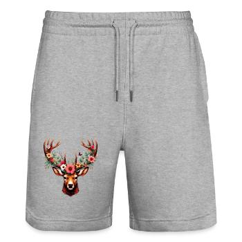 Deer with Flowers - Stanley/Stella Trainer Unisex Organic Jogging Shorts - heather grey - Front - Nik (191cm) & Marisol (170cm)