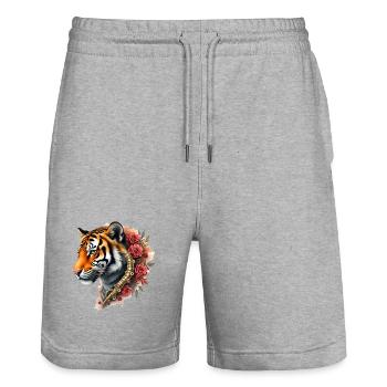 Tigre steampunk avec des roses et des engrenages - Short de jogging bio TRAINER Stanley/Stella unisexe - gris chiné - Devant - Nik (191cm) & Marisol (170cm)