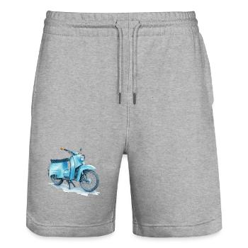 Blaues DDR Ost-Moped Schwalbe Aquarell Kultdesign - Stanley/Stella Unisex Bio Joggingshorts Trainer  - Grau meliert - Vorne - Nik (191cm) & Marisol (170cm)