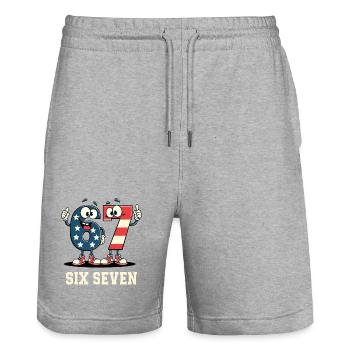 US Flag 67 Memes Six Seven - Stanley/Stella Trainer Unisex Organic Jogging Shorts - heather grey - Front - Nik (191cm) & Marisol (170cm)