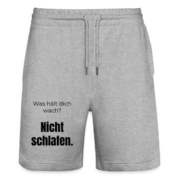 Was hält dich wach? Nicht schlafen – Spruch - Stanley/Stella Unisex Bio Joggingshorts Trainer  - Grau meliert - Vorne - Nik (191cm) & Marisol (170cm)