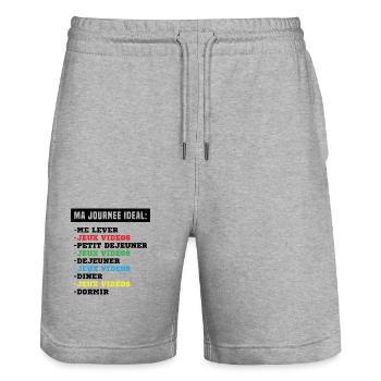 geek ma journée idéale idée cadeau gamer homme - Short de jogging bio TRAINER Stanley/Stella unisexe - gris chiné - Devant - Nik (191cm) & Marisol (170cm)