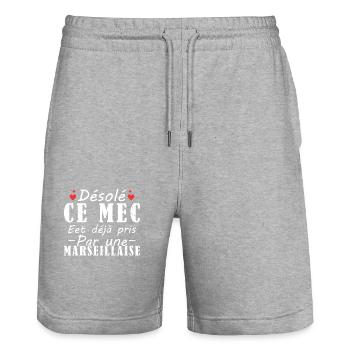Mec Avec Marseillaise Cadeau Couple Saint Valentin - Short de jogging bio TRAINER Stanley/Stella unisexe - gris chiné - Devant - Nik (191cm) & Marisol (170cm)