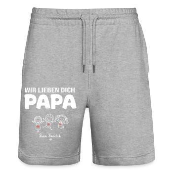 Wir lieben dich Papa dein Fanclub 3 Kinder - Stanley/Stella Unisex Bio Joggingshorts Trainer  - Grau meliert - Vorne - Nik (191cm) & Marisol (170cm)