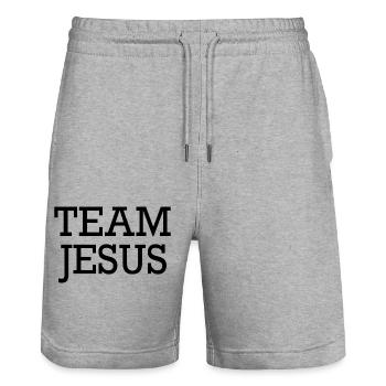 Citation de cadeau de l’équipe Jésus - Short de jogging bio TRAINER Stanley/Stella unisexe - gris chiné - Devant - Nik (191cm) & Marisol (170cm)