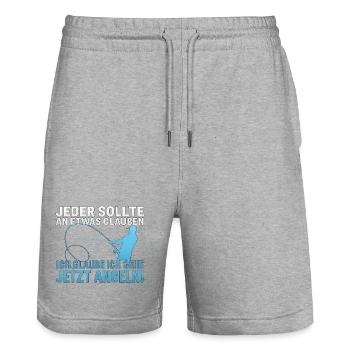 JEDER HAT EINEN GLAUBEN ICH GLAUBE ICH GEH ANGELN  - Stanley/Stella Unisex Bio Joggingshorts Trainer  - Grau meliert - Vorne - Nik (191cm) & Marisol (170cm)