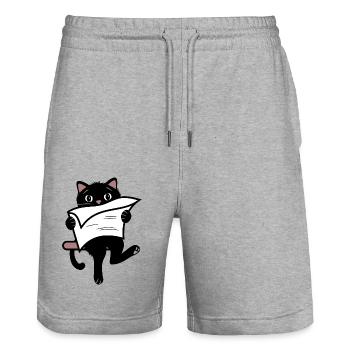 Funny black cat reading newspaper - Stanley/Stella Trainer Unisex Organic Jogging Shorts - heather grey - Front - Nik (191cm) & Marisol (170cm)