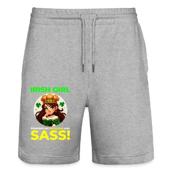 Funny Irish Girl: Powered by Potatoes & Sass - Stanley/Stella Trainer Unisex Organic Jogging Shorts - heather grey - Front - Nik (191cm) & Marisol (170cm)