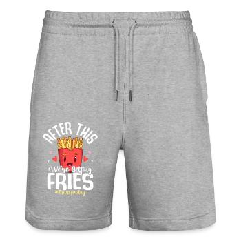 Après cela, nous aurons des frites #Transferday œuf IV - Short de jogging bio TRAINER Stanley/Stella unisexe - gris chiné - Devant - Nik (191cm) & Marisol (170cm)