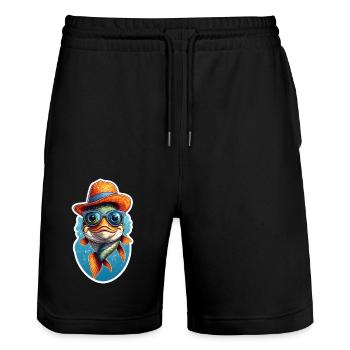 Drôle de poisson carpe koï avec lunettes de soleil et chapeau - Short de jogging bio TRAINER Stanley/Stella unisexe - noir - Devant - Nik (191cm) & Marisol (170cm)